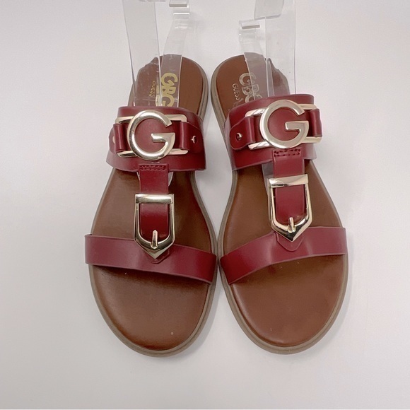 G By Guess Dark Red Open Toe Sandal with Gold Accents Size 7 1/2 - Picture 3 of 12